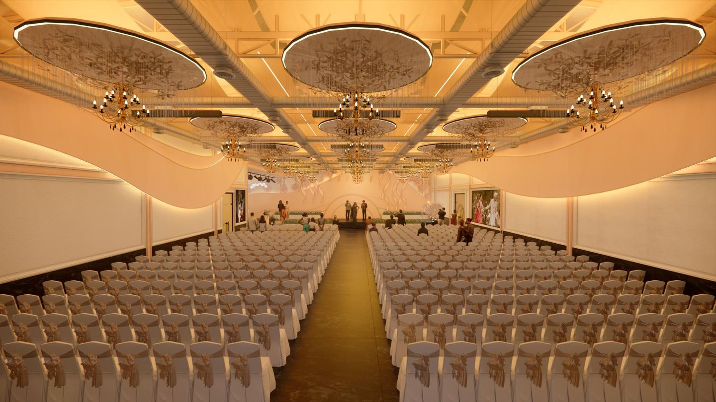 Interior of the Thrive Nest Convenzia convention hall in Kongarakalan set up for a large wedding reception