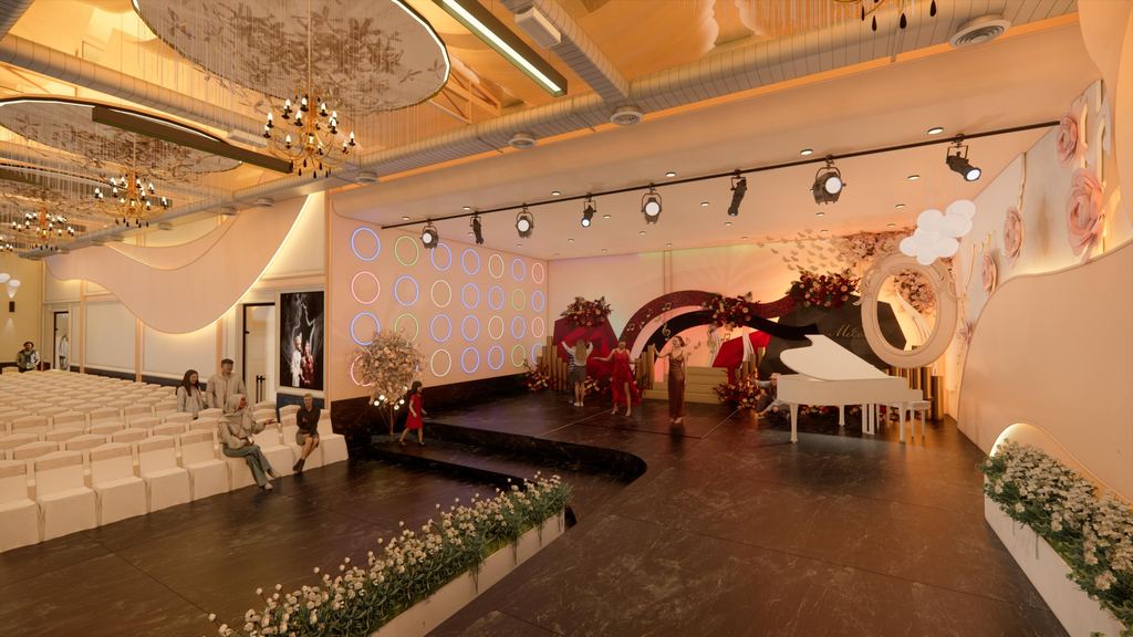 Wide view of the Thrive Nest Convenzia indoor hall showing seating and lighting